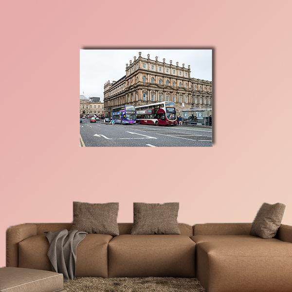 Edinburgh City Street with Double-decker Buses Canvas Wall Art in gray, beige and brown, single panel hung on a wall
