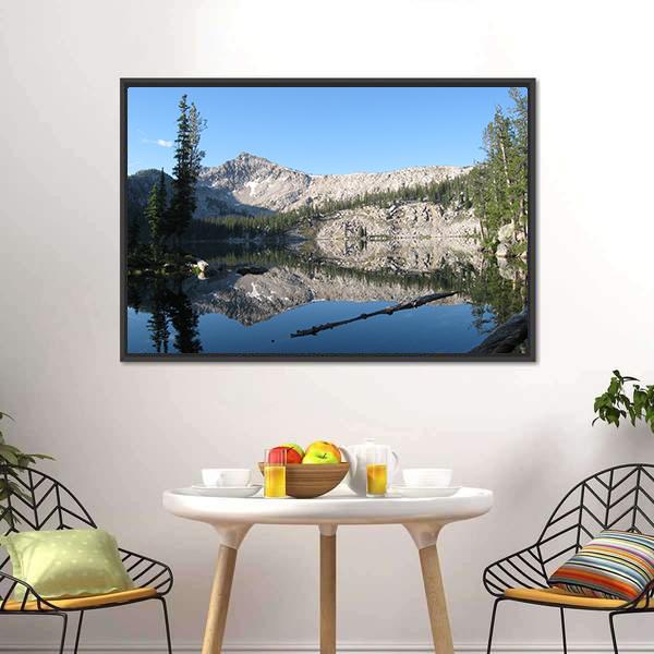 Edna Lake Reflection Canvas Wall Art in gray, green and blue, framed canvas, product view on a white background
