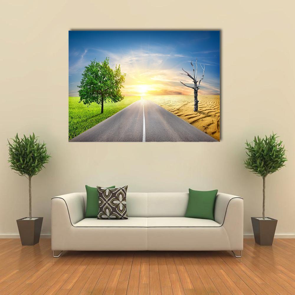 Global Warming's Stark Contrast Canvas Wall Art in yellow, green and blue, single panel hung on a wall