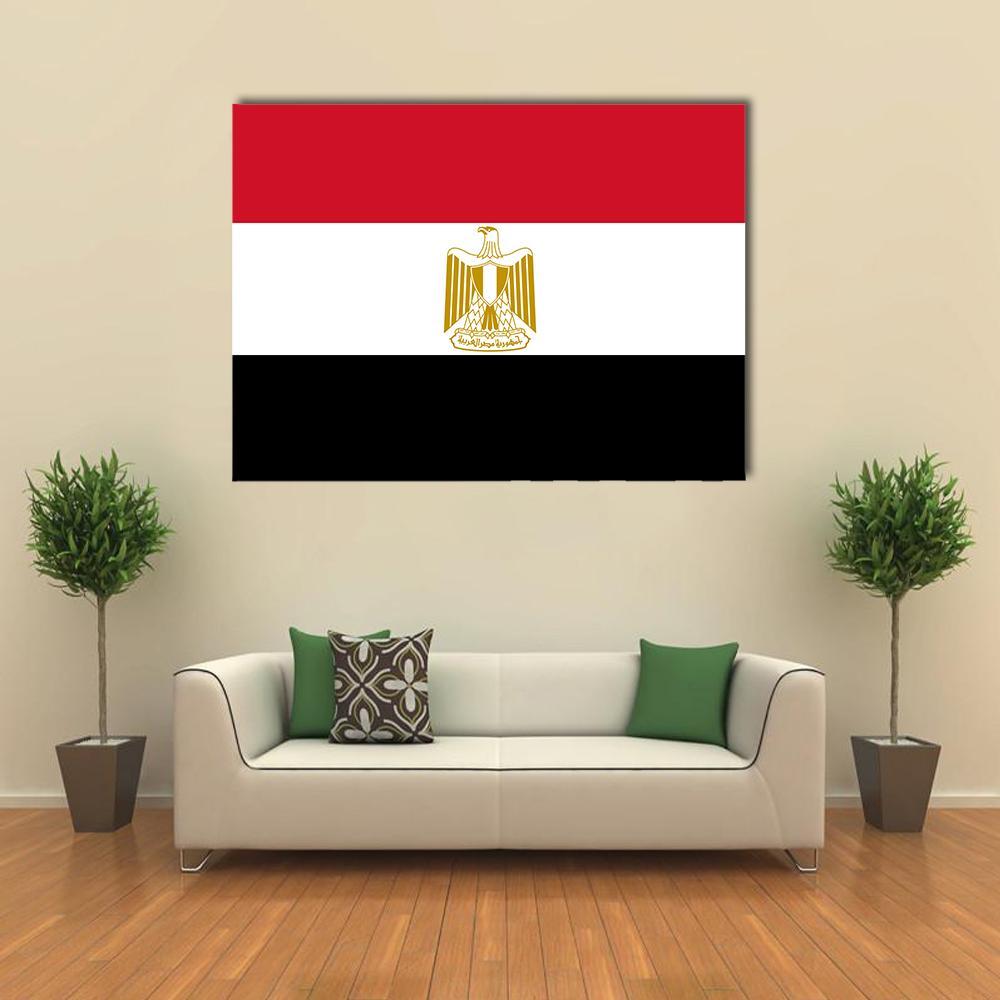 Egypt Flag with Eagle of Saladin Canvas Wall Art in black, white and red, single panel hung on a wall