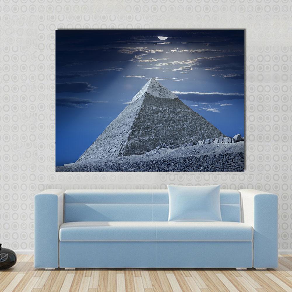 Egyptian Pyramid at Night Canvas Wall Art in black, gray and blue, single panel hung on a wall