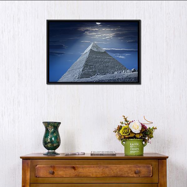 Egyptian Pyramid at Night Canvas Wall Art in black, gray and blue, framed canvas, product view on a white background
