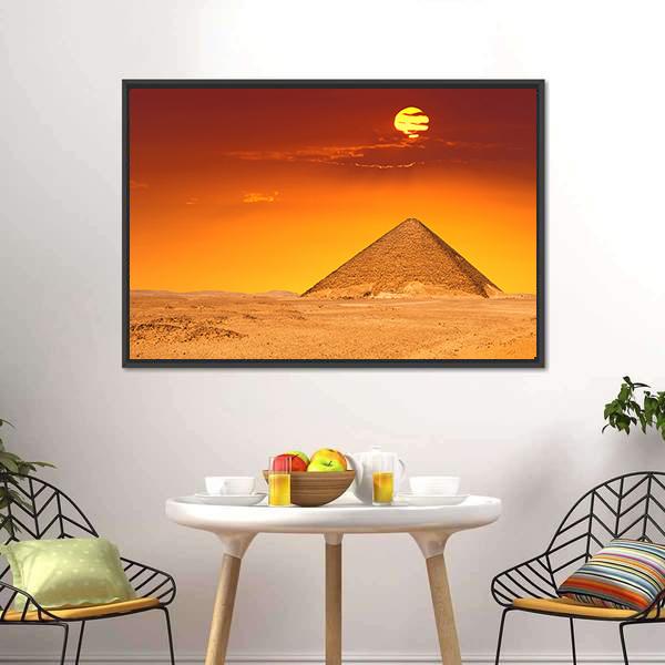Egyptian Pyramid Under Red Sky Canvas Wall Art in red, orange and yellow, framed canvas, product view on a white background