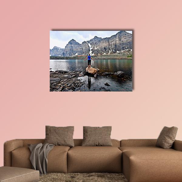 Blond Woman By Alpine Lake Canvas Wall Art-1 Piece-Gallery Wrap-48" x 32"-Tiaracle