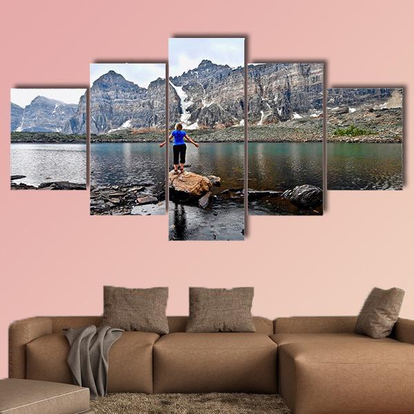 Blond Woman By Alpine Lake Canvas Wall Art-5 Star-Gallery Wrap-62" x 32"-Tiaracle