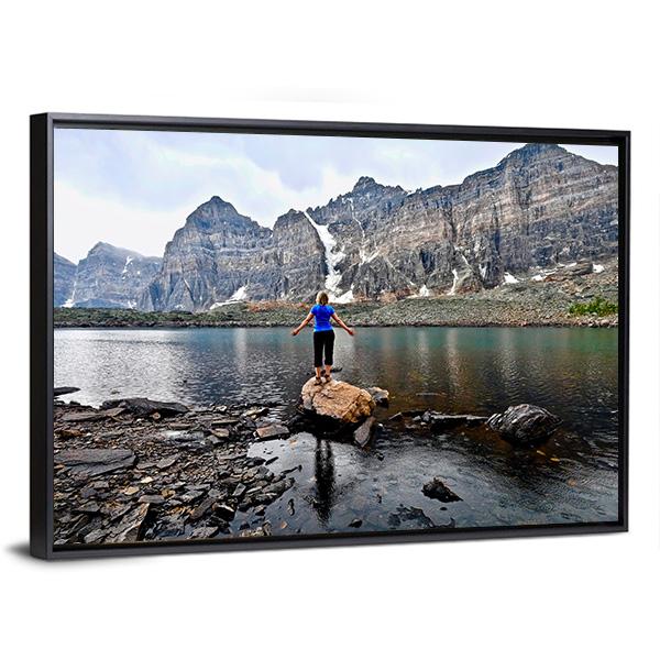 Blond Woman By Alpine Lake Canvas Wall Art-3 Horizontal-Gallery Wrap-25" x 16"-Tiaracle