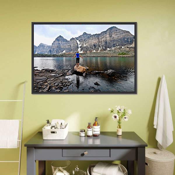 Blond Woman By Alpine Lake Canvas Wall Art-3 Horizontal-Gallery Wrap-25" x 16"-Tiaracle