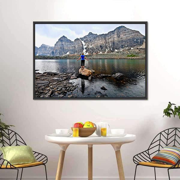 Blond Woman By Alpine Lake Canvas Wall Art-1 Piece-Floating Frame-24" x 16"-Tiaracle