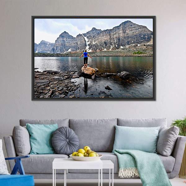 Blond Woman By Alpine Lake Canvas Wall Art-3 Horizontal-Gallery Wrap-25" x 16"-Tiaracle