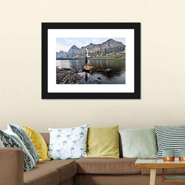 Blond Woman By Alpine Lake Canvas Wall Art-1 Piece-Framed Print-20" x 16"-Tiaracle