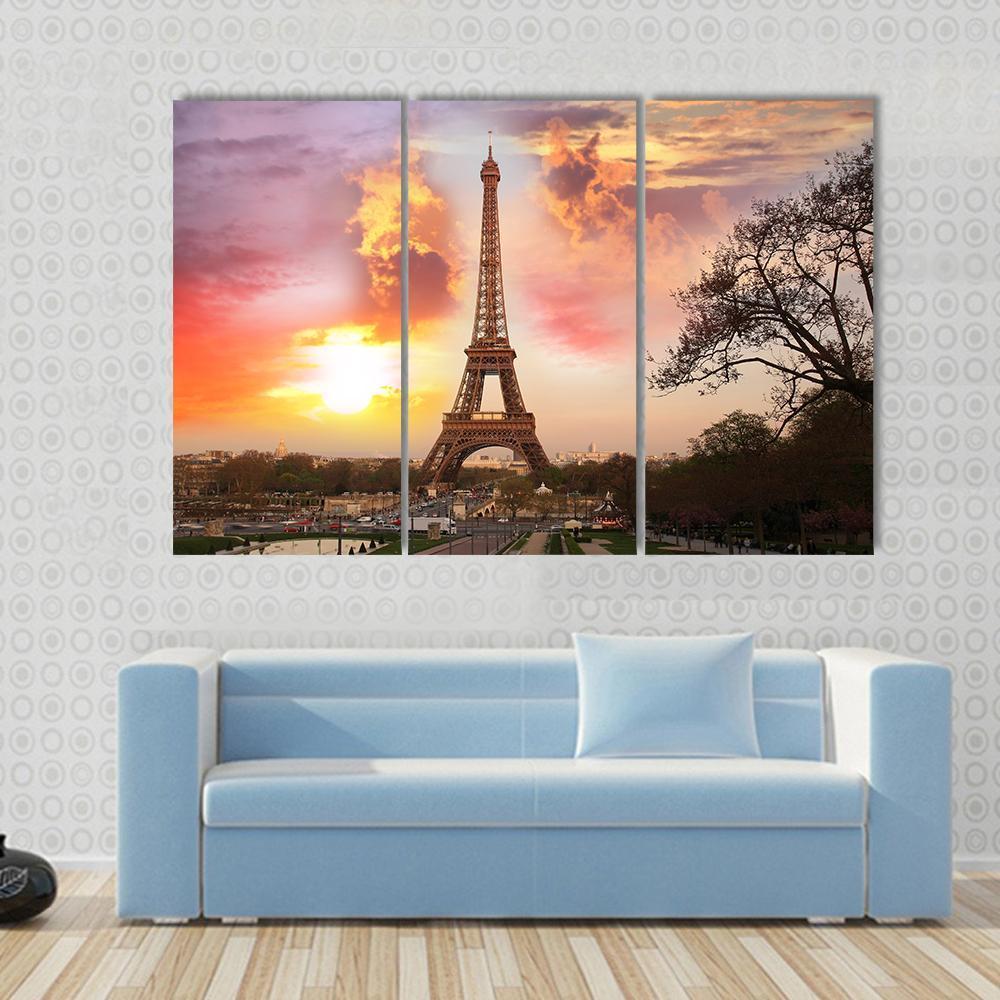 Eiffel Tower Against Sunset Canvas Wall Art-3 Horizontal-Gallery Wrap-37" x 24"-Tiaracle