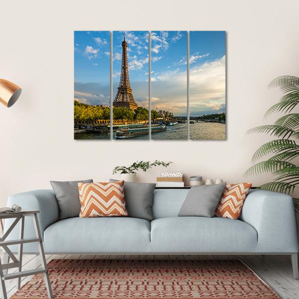 Eiffel Tower and Seine River Canvas Wall Art-4 Horizontal-Gallery Wrap-34" x 24"-Tiaracle