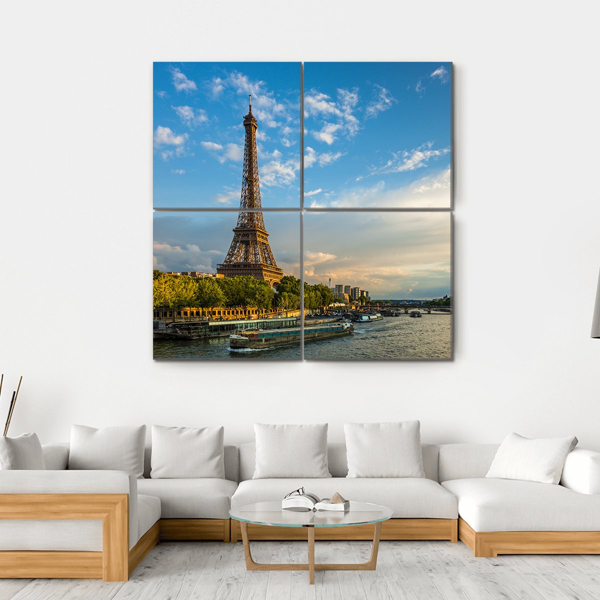 Eiffel Tower Over the Seine at Golden Hour Canvas Wall Art in gold, green and blue, hung on a wall