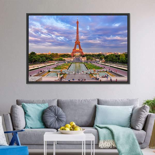 Eiffel Tower At Cloudy Sunset Canvas Wall Art-5 Horizontal-Gallery Wrap-22" x 12"-Tiaracle