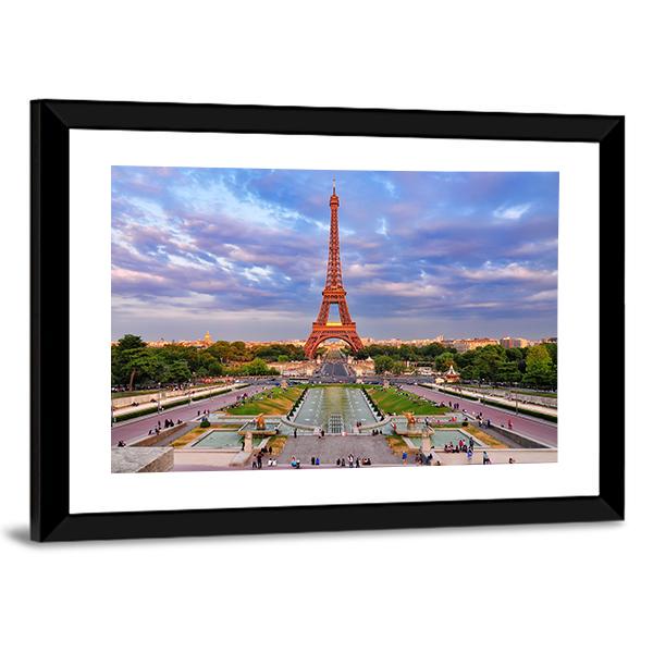 Eiffel Tower At Cloudy Sunset Canvas Wall Art-5 Horizontal-Gallery Wrap-22" x 12"-Tiaracle