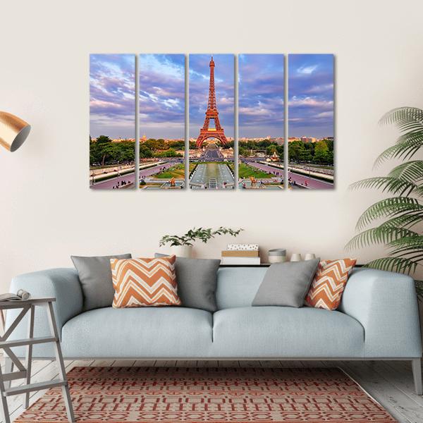 Eiffel Tower At Cloudy Sunset Canvas Wall Art-5 Horizontal-Gallery Wrap-22" x 12"-Tiaracle