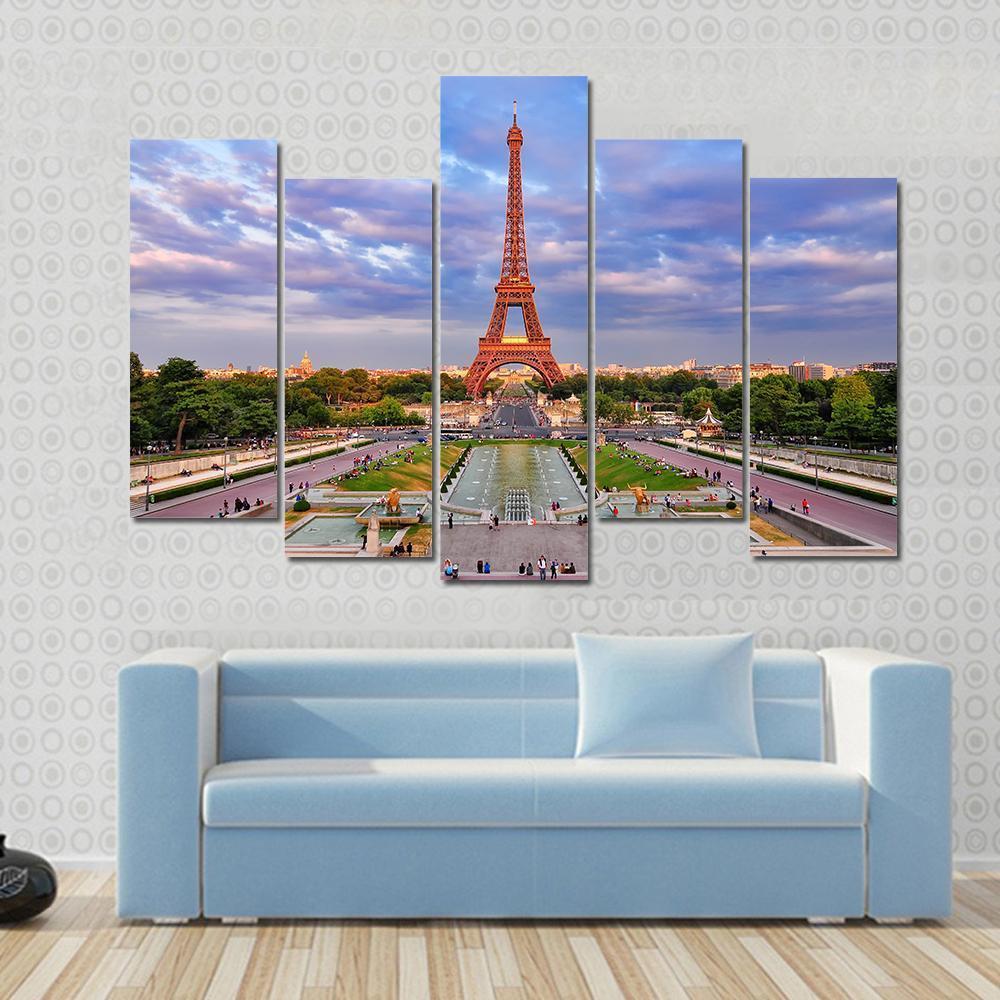 Eiffel Tower At Cloudy Sunset Canvas Wall Art-5 Pop-Gallery Wrap-47" x 32"-Tiaracle