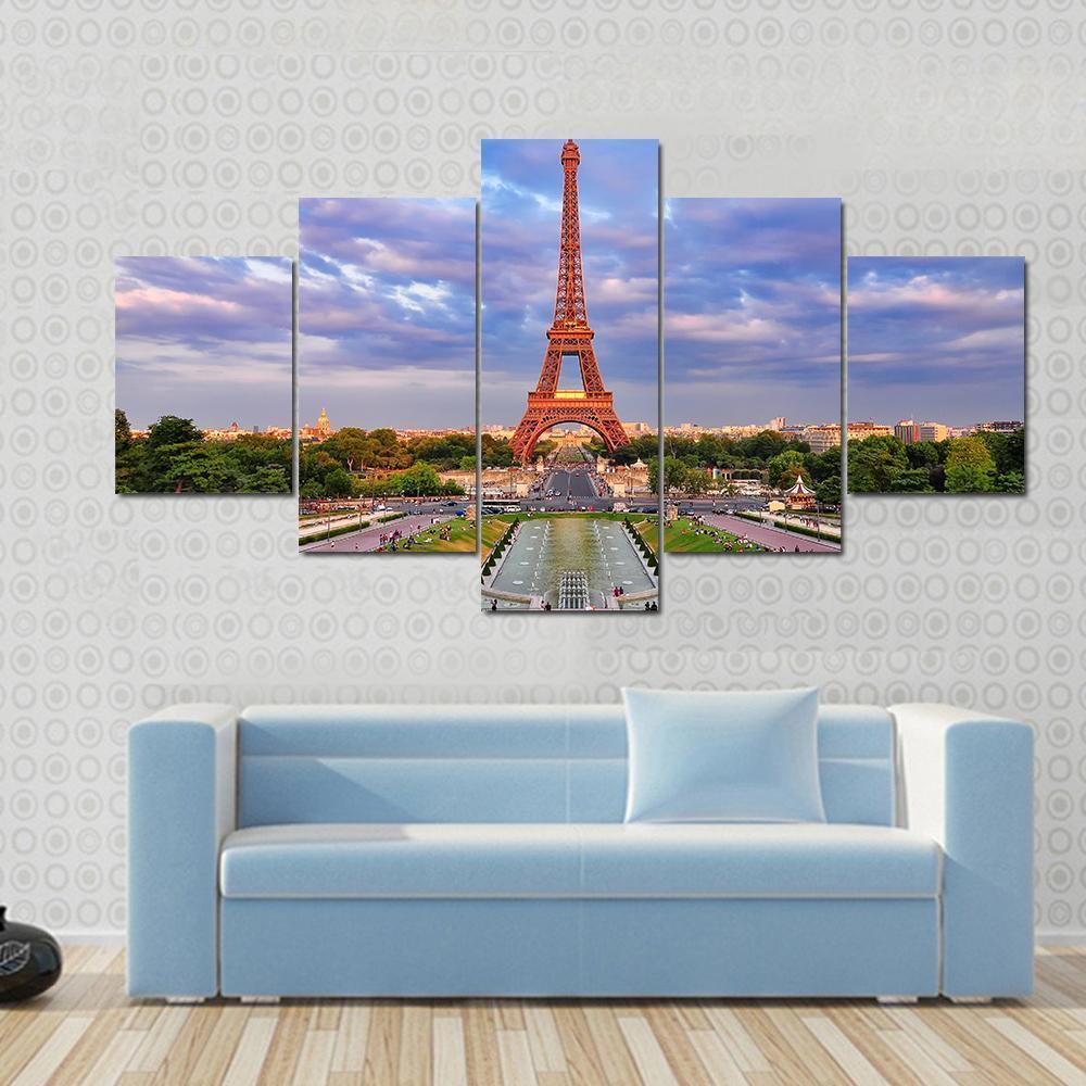 Eiffel Tower At Cloudy Sunset Canvas Wall Art-5 Pop-Gallery Wrap-47" x 32"-Tiaracle
