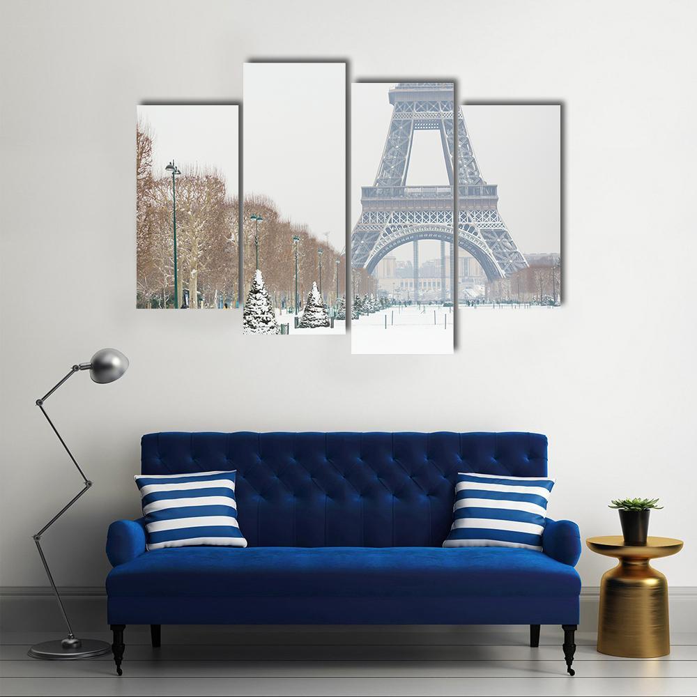 Eiffel Tower Covered With Snow Canvas Wall Art-4 Pop-Gallery Wrap-50" x 32"-Tiaracle