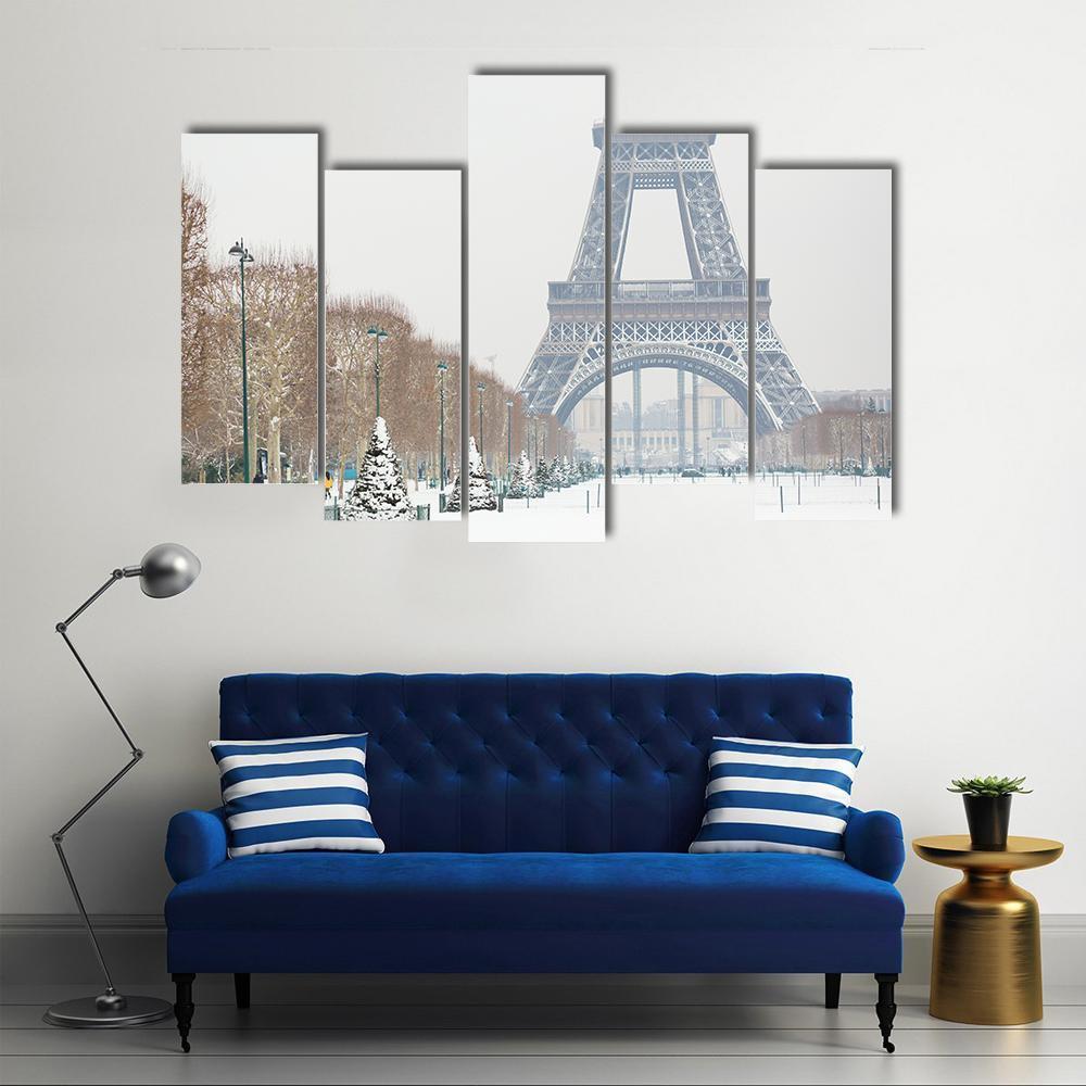 Eiffel Tower Covered With Snow Canvas Wall Art-5 Pop-Gallery Wrap-47" x 32"-Tiaracle