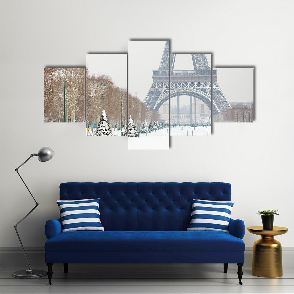 Eiffel Tower Covered With Snow Canvas Wall Art-5 Star-Gallery Wrap-62" x 32"-Tiaracle