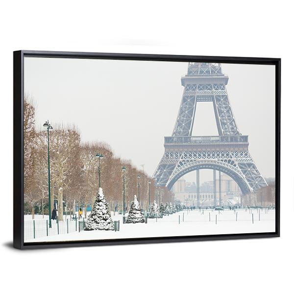 Eiffel Tower Covered With Snow Canvas Wall Art-3 Horizontal-Gallery Wrap-25" x 16"-Tiaracle