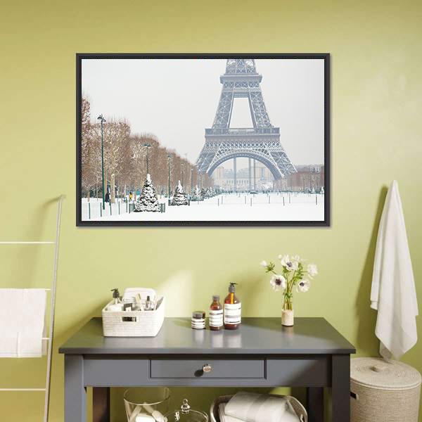Eiffel Tower Covered With Snow Canvas Wall Art-3 Horizontal-Gallery Wrap-25" x 16"-Tiaracle