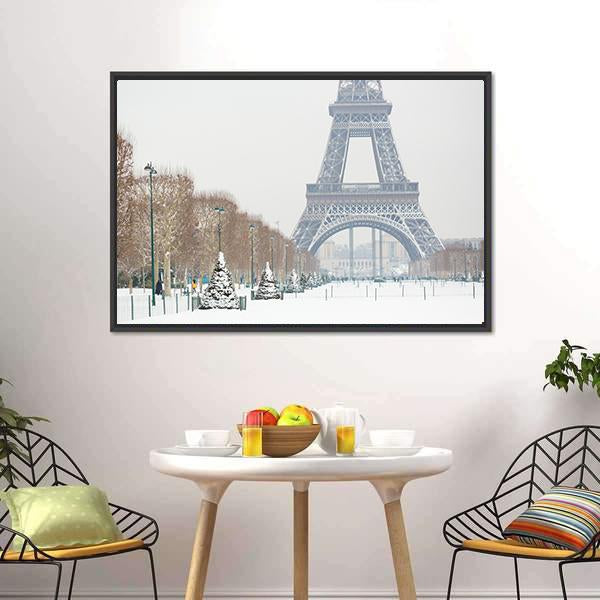 Eiffel Tower Covered With Snow Canvas Wall Art-1 Piece-Floating Frame-24" x 16"-Tiaracle