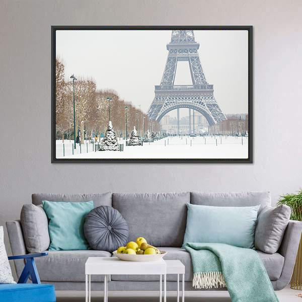 Eiffel Tower Covered With Snow Canvas Wall Art-3 Horizontal-Gallery Wrap-25" x 16"-Tiaracle