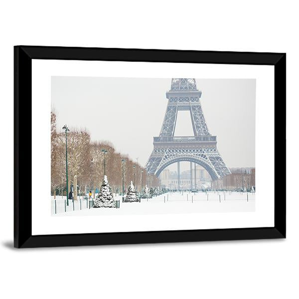 Eiffel Tower Covered With Snow Canvas Wall Art-3 Horizontal-Gallery Wrap-25" x 16"-Tiaracle