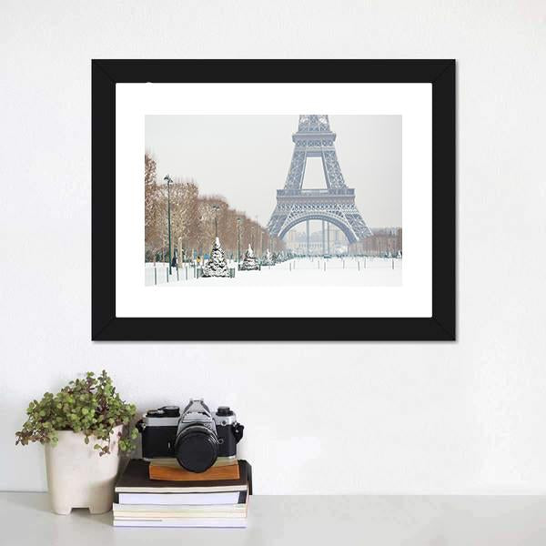 Eiffel Tower Covered With Snow Canvas Wall Art-3 Horizontal-Gallery Wrap-25" x 16"-Tiaracle
