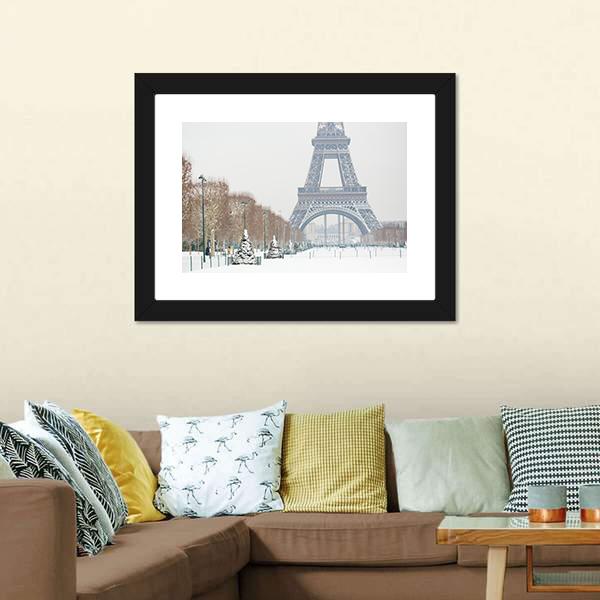 Eiffel Tower Covered With Snow Canvas Wall Art-1 Piece-Framed Print-20" x 16"-Tiaracle