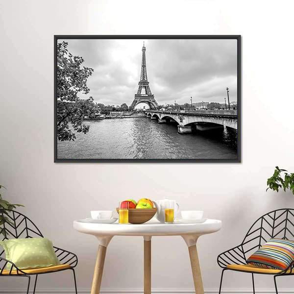 Eiffel Tower from Seine River Canvas Wall Art in black, white and gray, 5 panel Pop layout hung on a wall