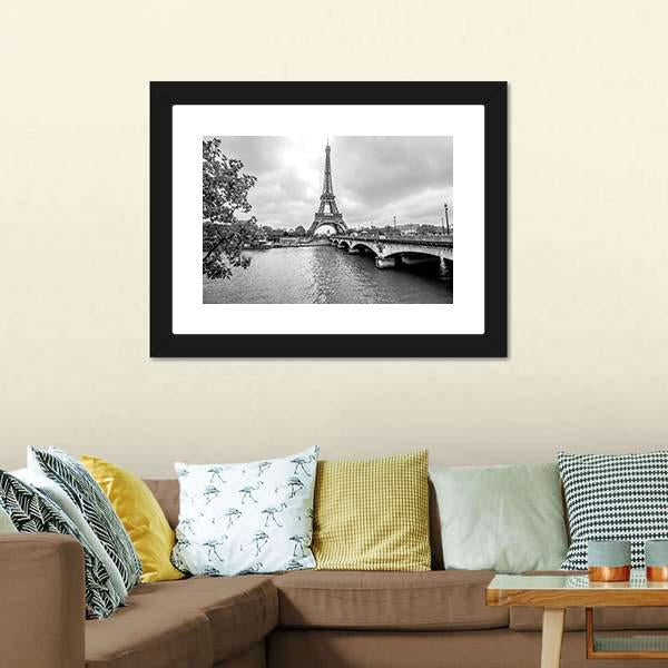 Eiffel Tower from Seine River Canvas Wall Art in black, white and gray, framed print, product view on a white background