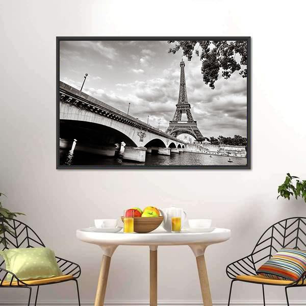 Eiffel Tower from Seine River Canvas Wall Art in black, white and gray, 4 panel Pop layout hung on a wall