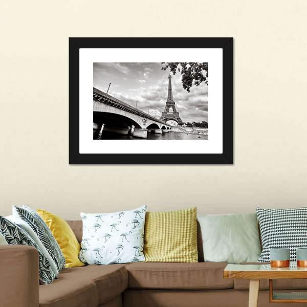 Eiffel Tower from Seine River Canvas Wall Art in black, white and gray, 4 panel Pop layout hung on a wall