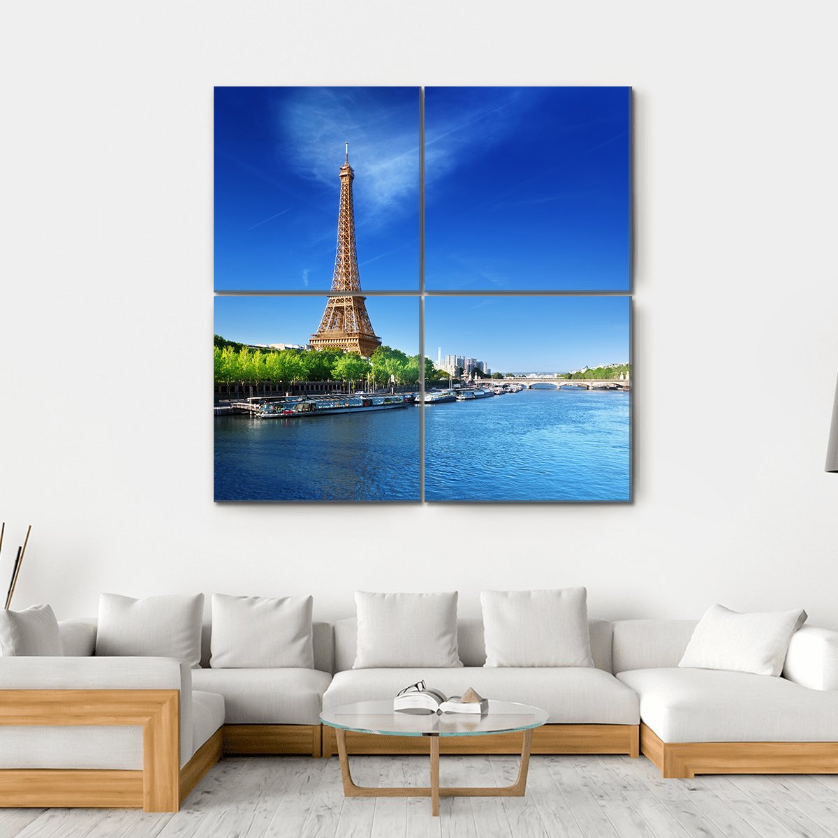 Eiffel Tower with Seine River Boats Canvas Wall Art in brown, green and blue, hung on a wall