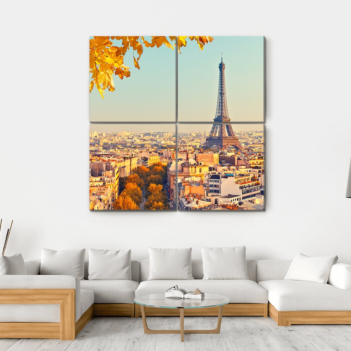 Eiffel Tower with Golden Autumn Foliage Canvas Wall Art in gold, yellow and blue, hung on a wall