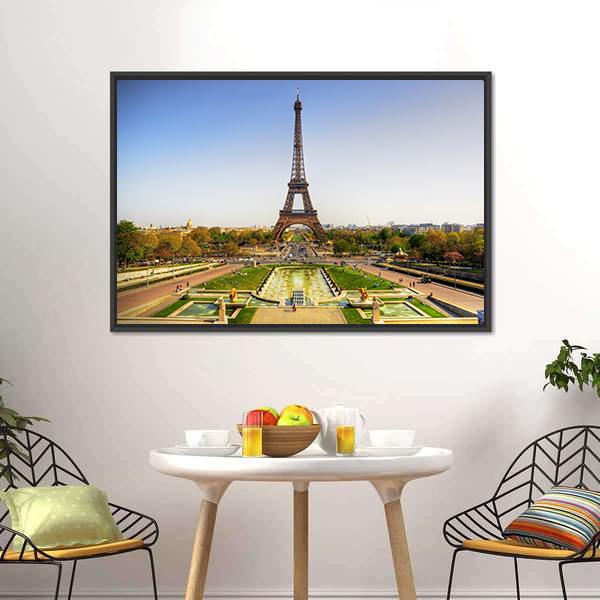 Eiffel Tower in Paris Canvas Wall Art in yellow, green and blue, framed canvas, product view on a white background