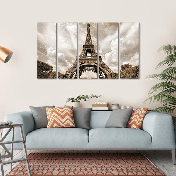 Eiffel Tower Under Clouds Canvas Wall Art-5 Horizontal-Gallery Wrap-22" x 12"-Tiaracle