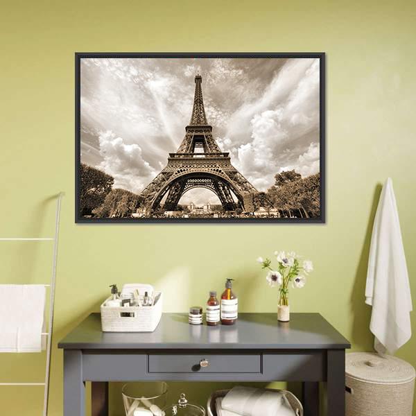 Eiffel Tower Under Clouds Canvas Wall Art-5 Horizontal-Gallery Wrap-22" x 12"-Tiaracle