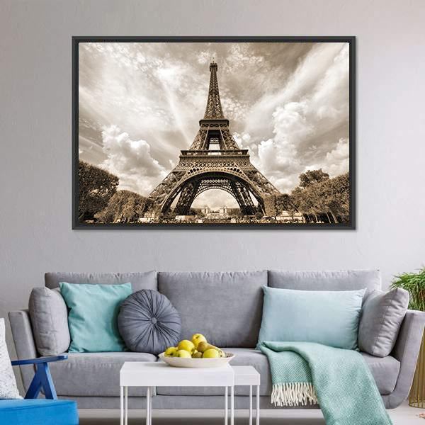 Eiffel Tower Under Clouds Canvas Wall Art-5 Horizontal-Gallery Wrap-22" x 12"-Tiaracle