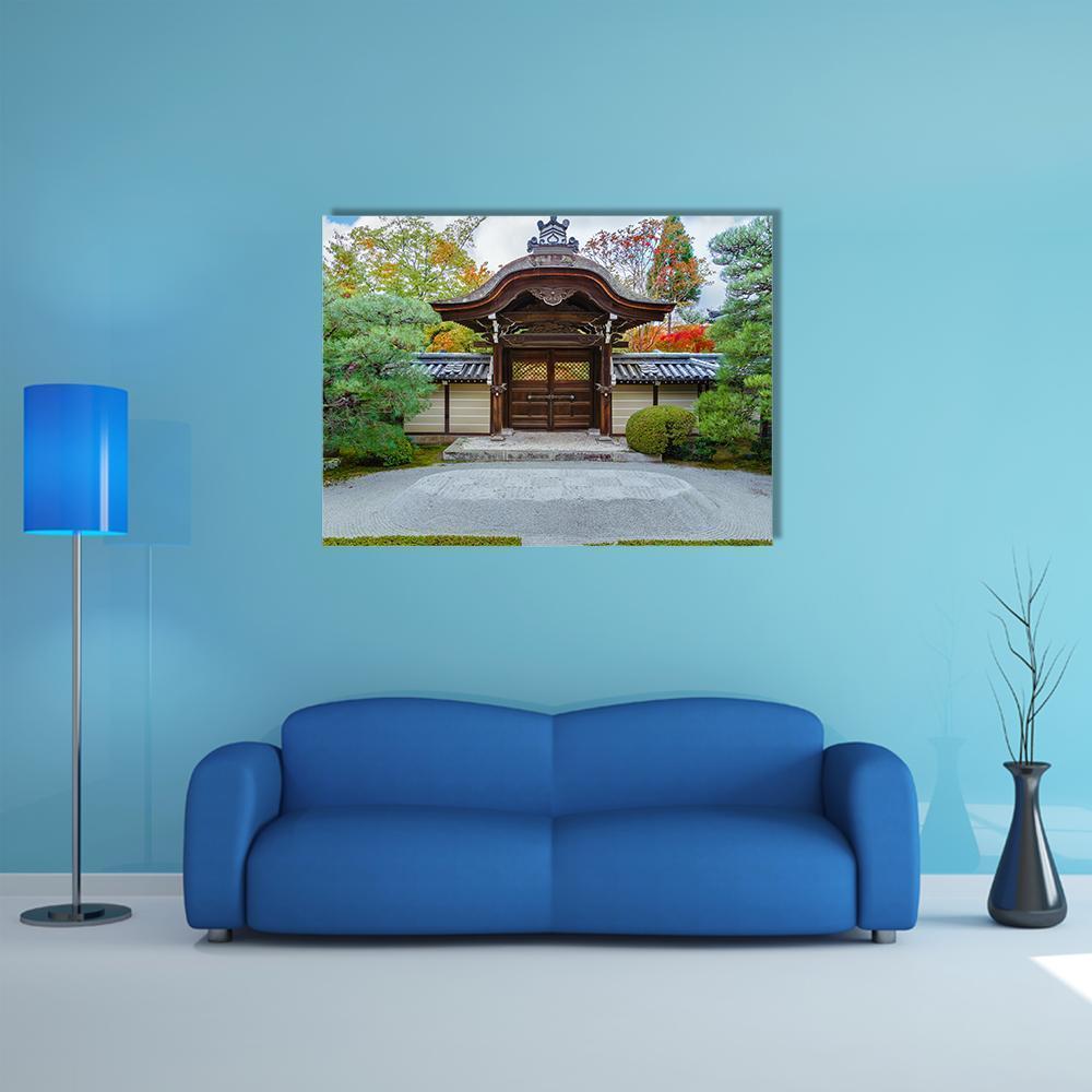 Eikando Zenrin-ji Temple Canvas Wall Art in gray, brown and green, single panel hung on a wall