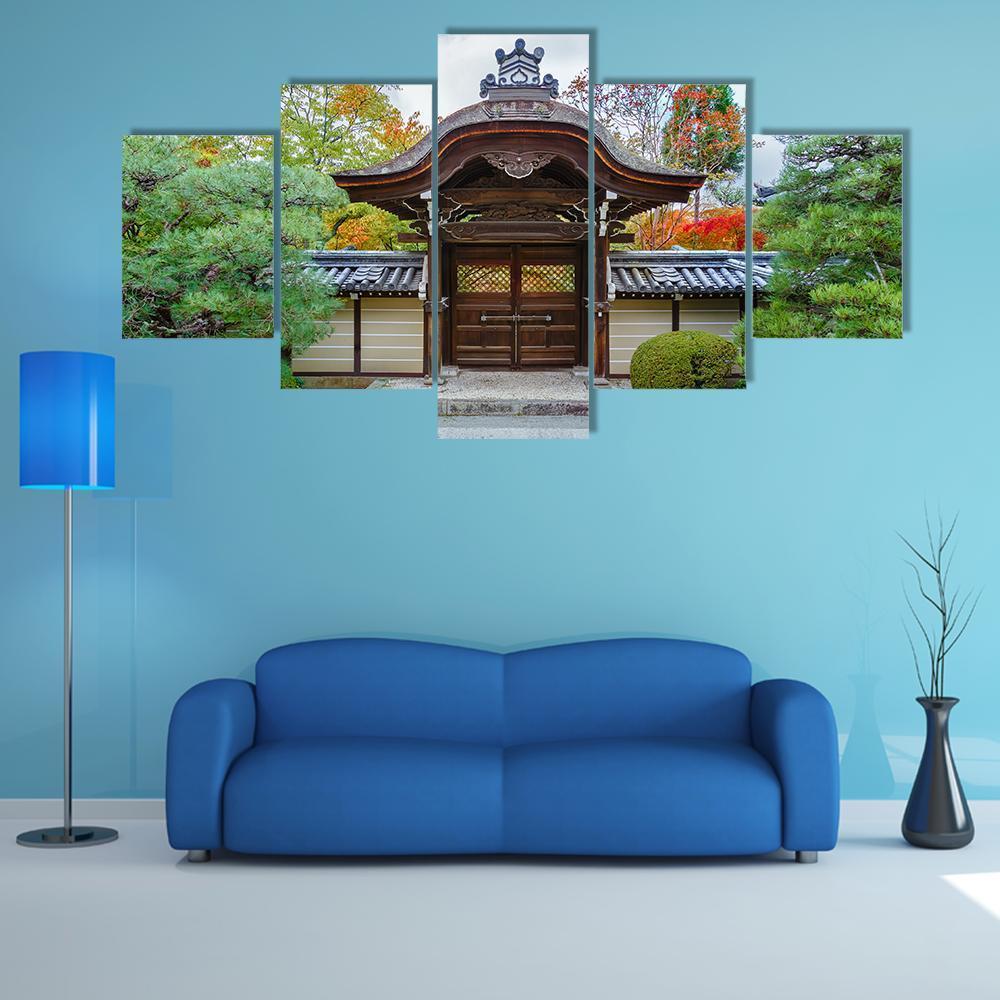 Eikando Zenrin-ji Temple Canvas Wall Art in gray, brown and green, 5 panel Star layout hung on a wall