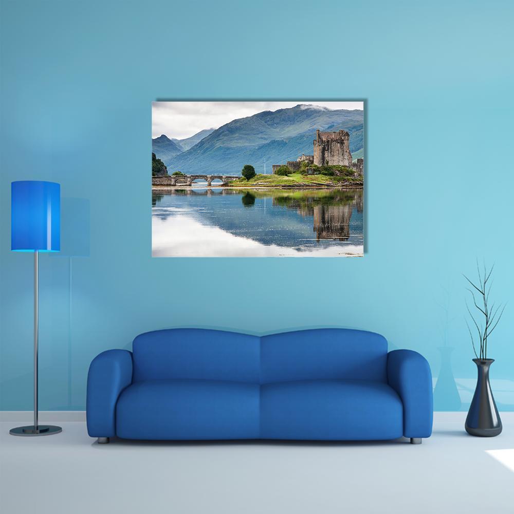 Eilean Donan Castle Canvas Wall Art in gray, green and blue, single panel hung on a wall