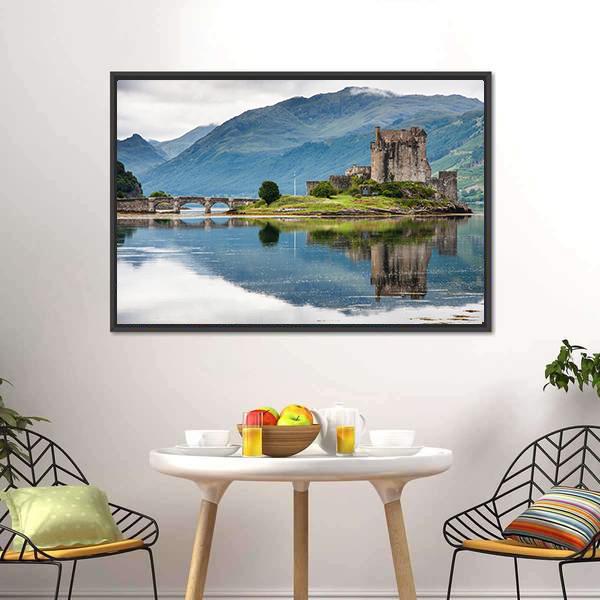 Eilean Donan Castle Canvas Wall Art in gray, green and blue, framed canvas, product view on a white background