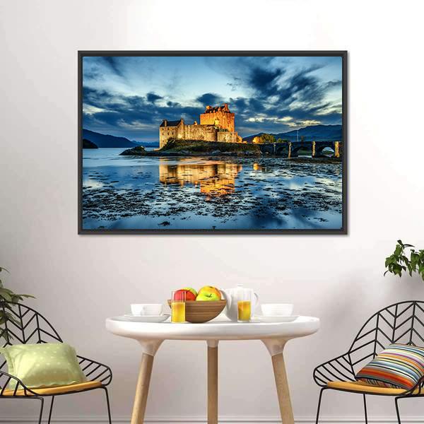Eilean Donan Castle Sunset Reflection Canvas Wall Art in gold, orange and blue, framed canvas, product view on a white background