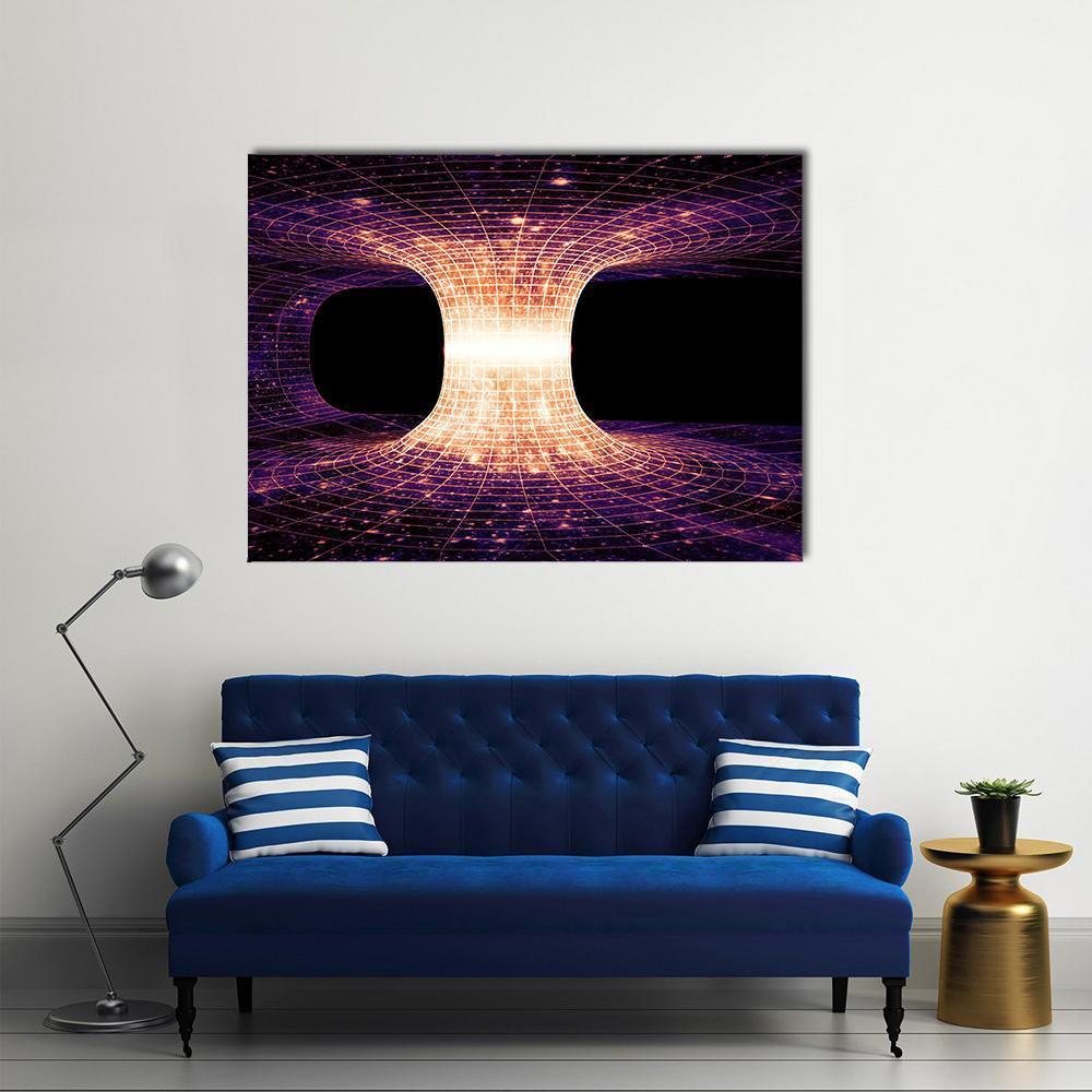 Einstein-rosen Bridge Canvas Wall Art in black, orange and purple, single panel hung on a wall
