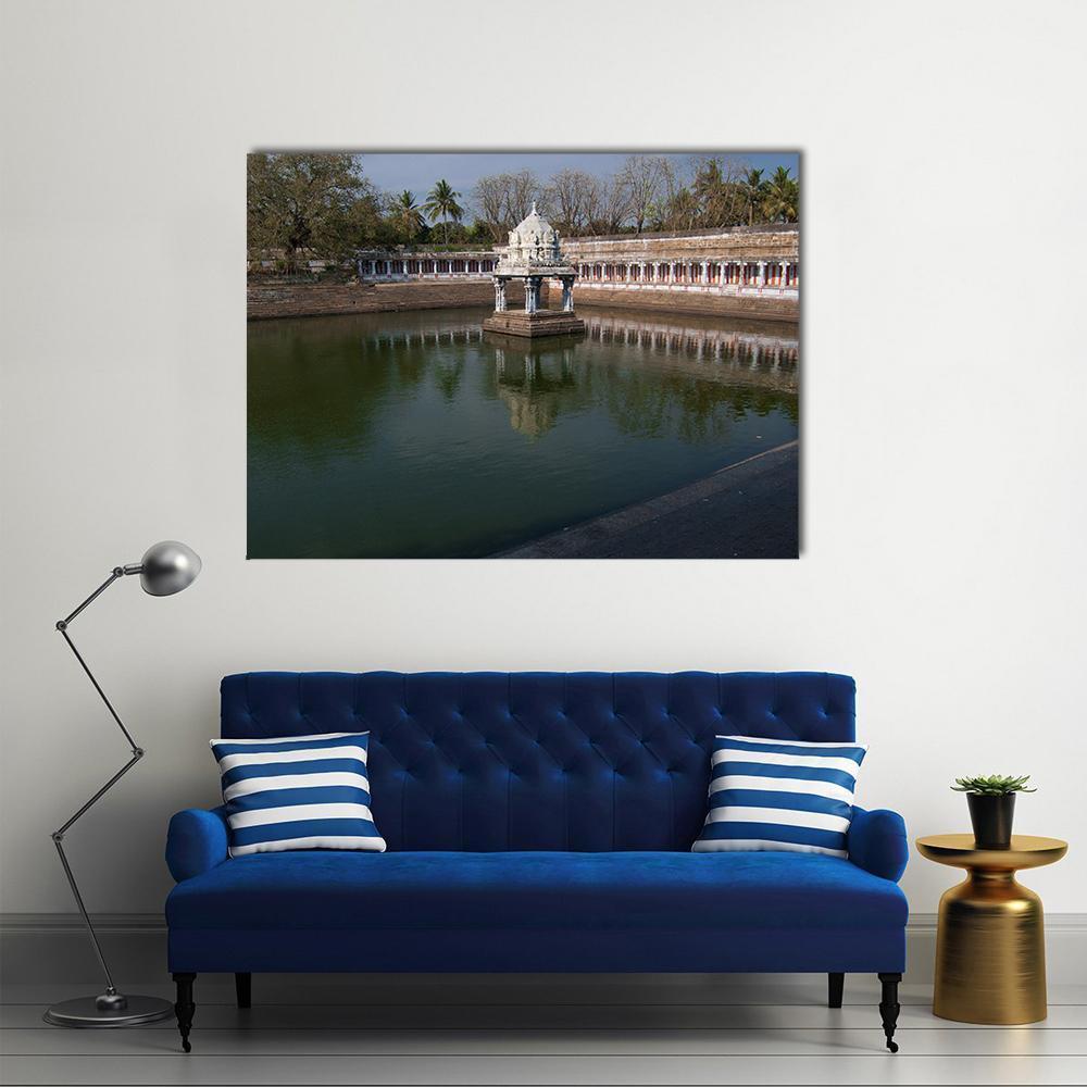 Ekambareswarar Temple Reflection Canvas Wall Art in gray, brown and green, single panel hung on a wall