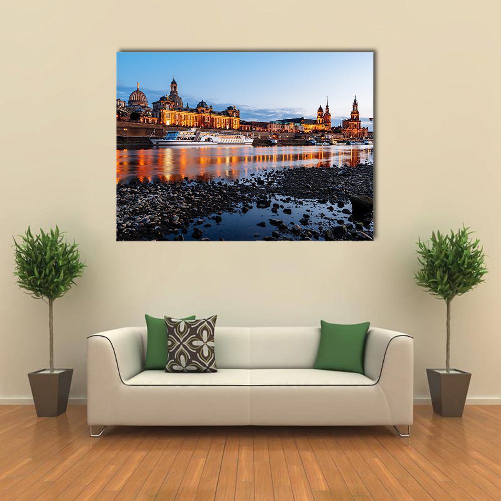 Elbe River at Night Canvas Wall Art in black, orange and blue, single panel hung on a wall